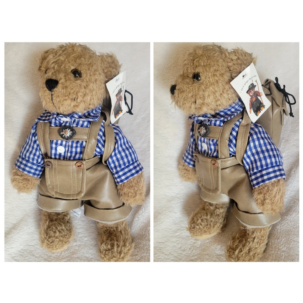 VTG German Bavarian Teddy Bear 12in Lederhosen Sailor Sack Duffel Gingham✨️NWT